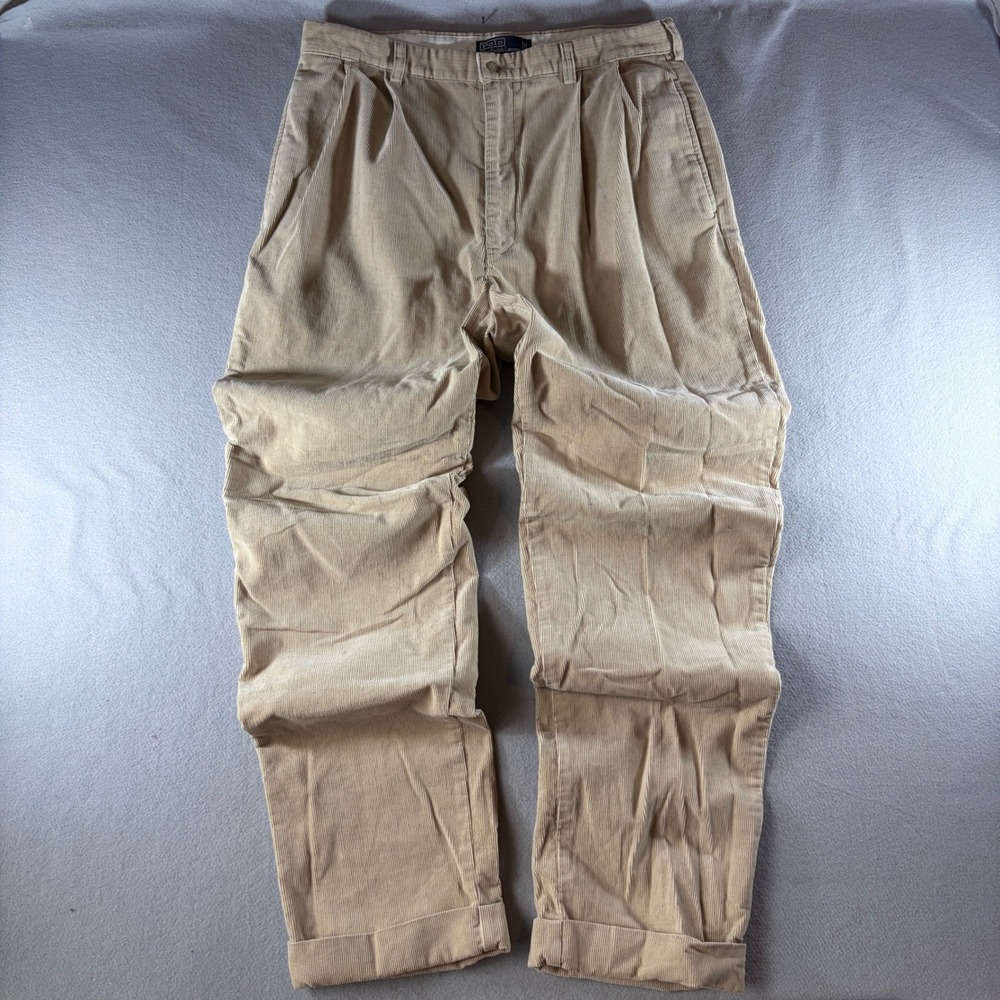 Polo Ralph Lauren Mens Tan Pleated Corduroy Pants Cuffed 36x34 Cotton Classic